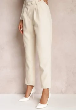 Jasnobeżowe Spodnie Cygaretki z Guzikami i Gumką w Pasie Gelarine