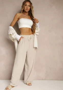 Jasnobeżowe Spodnie High Waist ze Sznurkiem w Talii i Prostą Nogawką Raveann