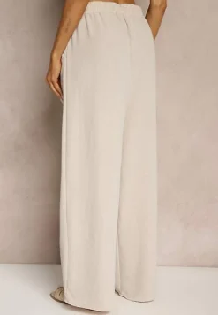 Jasnobeżowe Spodnie High Waist ze Sznurkiem w Talii i Prostą Nogawką Raveann