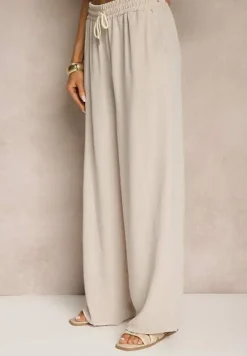 Jasnobeżowe Spodnie High Waist ze Sznurkiem w Talii i Prostą Nogawką Raveann