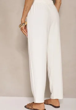 Jasnobeżowe Spodnie High Waist ze Ściągaczem w Talii i Prostą Nogawką Savonne