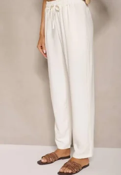 Jasnobeżowe Spodnie High Waist ze Ściągaczem w Talii i Prostą Nogawką Savonne
