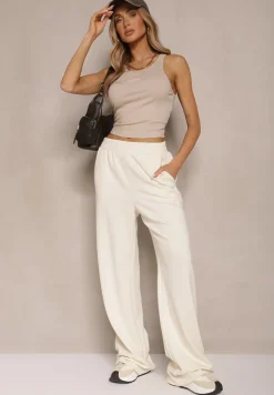 Jasnobeżowe Spodnie o Szerokim Kroju High Waist z Gumką w Pasie Belobira