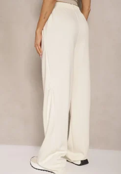 Jasnobeżowe Spodnie o Szerokim Kroju High Waist z Gumką w Pasie Belobira