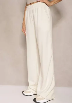 Jasnobeżowe Spodnie o Szerokim Kroju High Waist z Gumką w Pasie Belobira