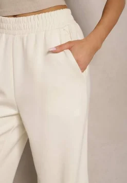 Jasnobeżowe Spodnie o Szerokim Kroju High Waist z Gumką w Pasie Belobira