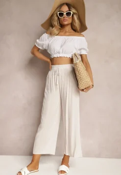 Jasnobeżowe Spodnie z Bawełny Typu Palazzo z Gumką w Talii Fieana