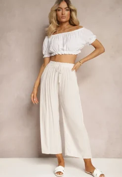 Jasnobeżowe Spodnie z Bawełny Typu Palazzo z Gumką w Talii Fieana