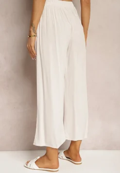 Jasnobeżowe Spodnie z Bawełny Typu Palazzo z Gumką w Talii Fieana
