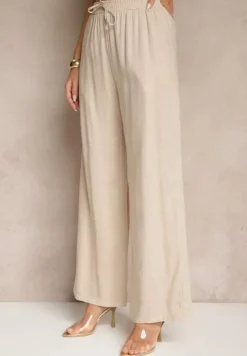 Jasnobeżowe Spodnie z Lnem o Szerokim Kroju z Gumką w Talii Filarive