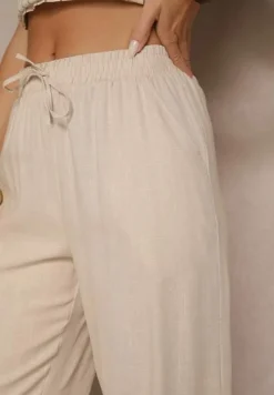 Jasnobeżowe Spodnie z Lnem o Szerokim Kroju z Gumką w Talii Filarive
