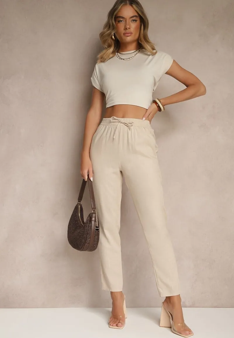 Jasnobeżowe Spodnie z Lnem i Wiązaniem Natomiela