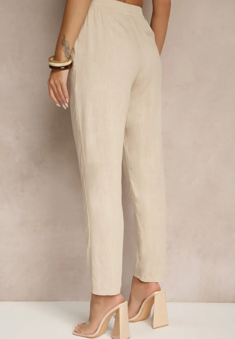 Jasnobeżowe Spodnie z Lnem i Wiązaniem Natomiela