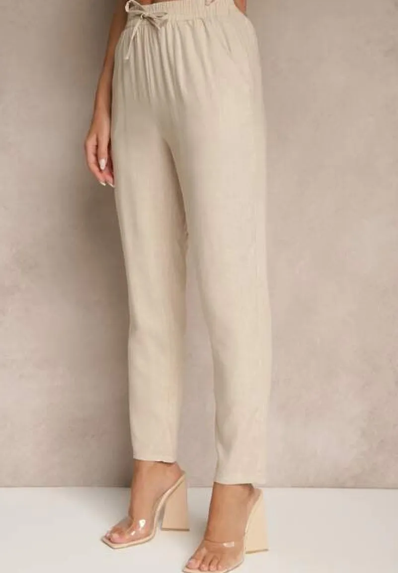 Jasnobeżowe Spodnie z Lnem i Wiązaniem Natomiela