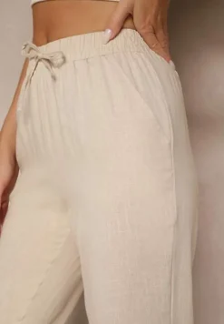 Jasnobeżowe Spodnie z Lnem i Wiązaniem Natomiela