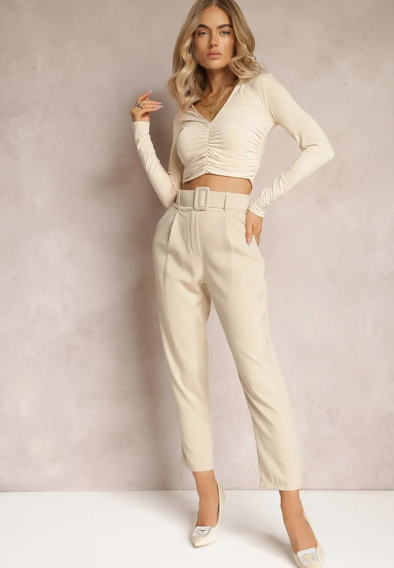 Jasnobeżowe Spodnie z Paskiem Eudea