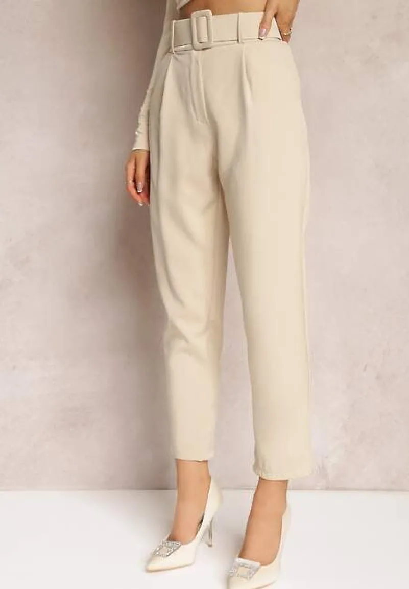 Jasnobeżowe Spodnie z Paskiem Eudea