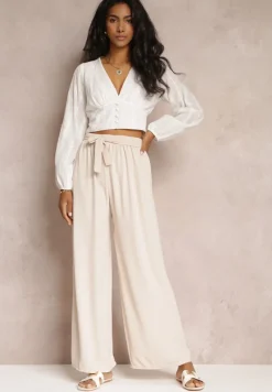 Jasnobeżowe Spodnie z Szerokimi Nogawkami i Doszytym Paskiem w Talii Atita