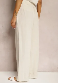 Jasnobeżowe Spodnie z Szerokimi Prostymi Nogawkami High Waist z Lnem Amivesa