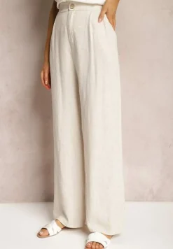 Jasnobeżowe Spodnie z Szerokimi Prostymi Nogawkami High Waist z Lnem Amivesa