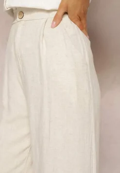 Jasnobeżowe Spodnie z Szerokimi Prostymi Nogawkami High Waist z Lnem Amivesa