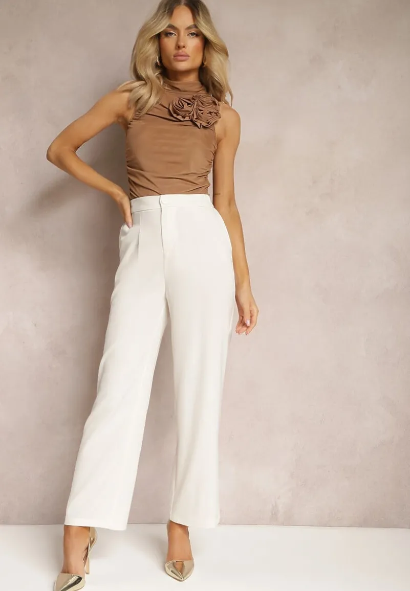 Jasnobeżowe Spodnie z Szeroką Prostą Nogawką Wykończone Gumką w Pasie Zapinane na Zamek Błyskawiczny Sonoria