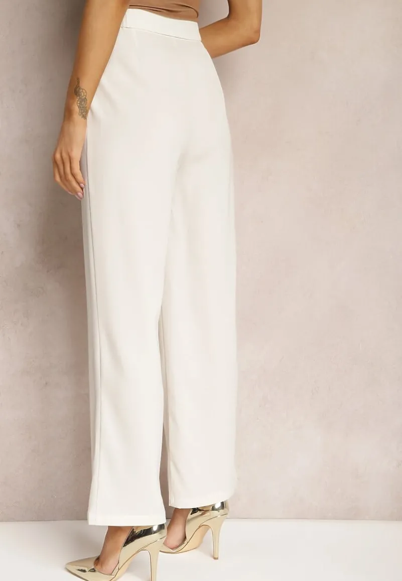 Jasnobeżowe Spodnie z Szeroką Prostą Nogawką Wykończone Gumką w Pasie Zapinane na Zamek Błyskawiczny Sonoria