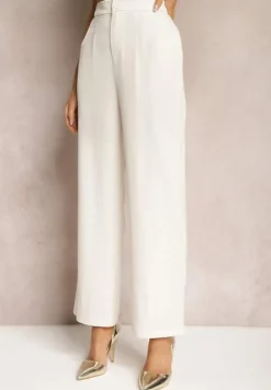 Jasnobeżowe Spodnie z Szeroką Prostą Nogawką Wykończone Gumką w Pasie Zapinane na Zamek Błyskawiczny Sonoria