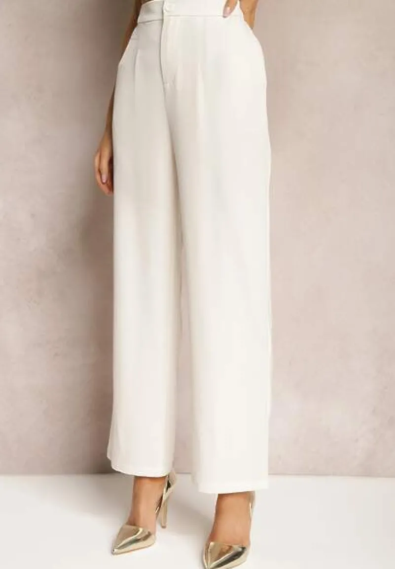 Jasnobeżowe Spodnie z Szeroką Prostą Nogawką Wykończone Gumką w Pasie Zapinane na Zamek Błyskawiczny Sonoria