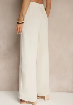 Jasnobeżowe Spodnie z Wiskozą o Szerokim Kroju z Wiązanym Paskiem Zileindra