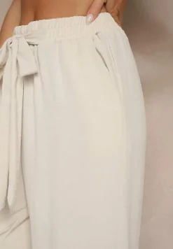 Jasnobeżowe Spodnie z Wiskozą o Szerokim Kroju z Wiązanym Paskiem Zileindra