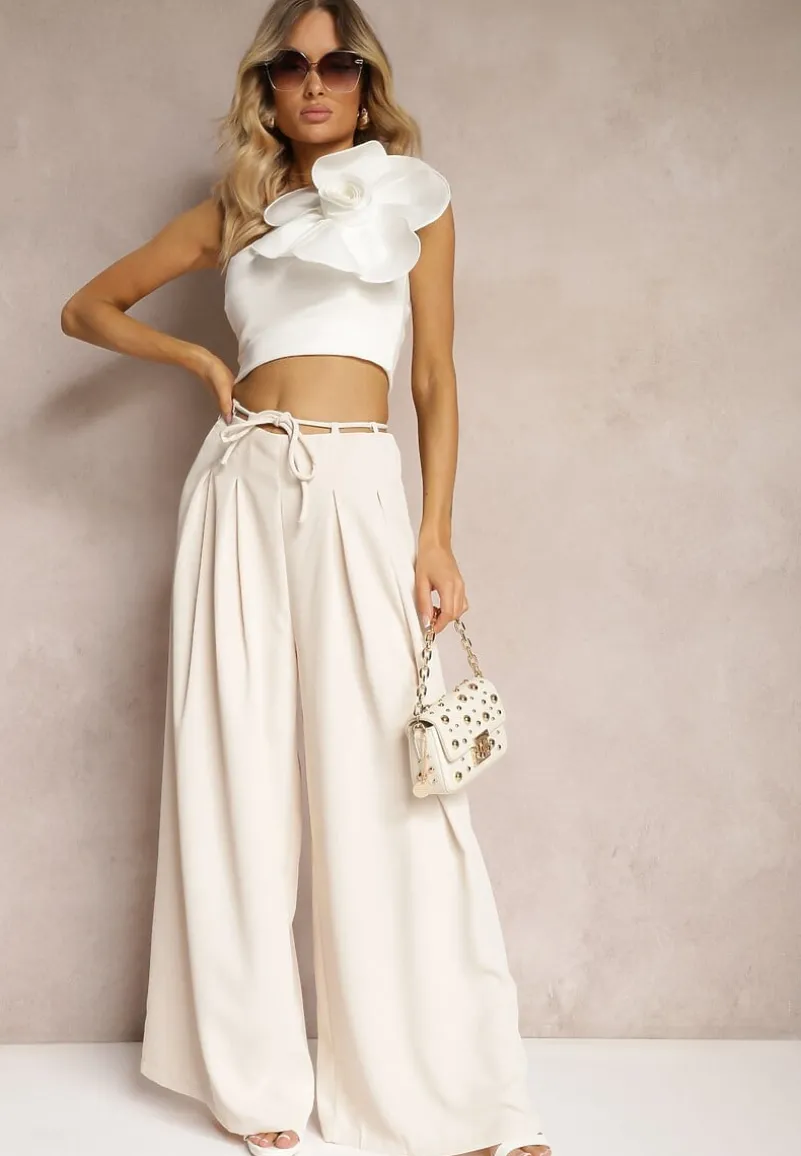 Jasnobeżowe Szerokie Spodnie High Waist Zapinane na Suwak z Wiązaniem w Talii Vikonnia