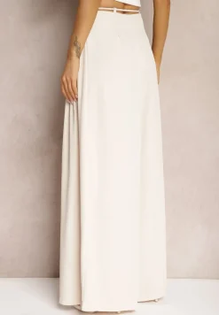 Jasnobeżowe Szerokie Spodnie High Waist Zapinane na Suwak z Wiązaniem w Talii Vikonnia