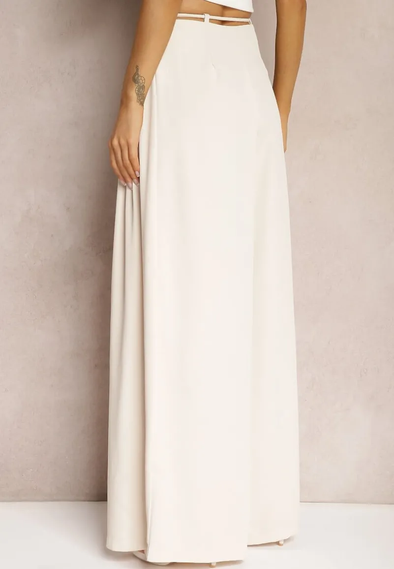 Jasnobeżowe Szerokie Spodnie High Waist Zapinane na Suwak z Wiązaniem w Talii Vikonnia