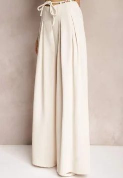 Jasnobeżowe Szerokie Spodnie High Waist Zapinane na Suwak z Wiązaniem w Talii Vikonnia
