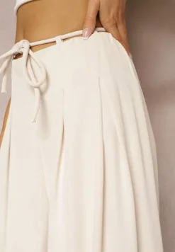 Jasnobeżowe Szerokie Spodnie High Waist Zapinane na Suwak z Wiązaniem w Talii Vikonnia