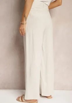 Jasnobeżowe Wiskozowe Spodnie z Lnem z Szerokimi Nogawkami Lomera