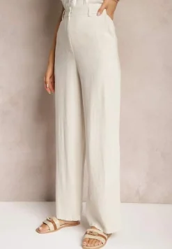 Jasnobeżowe Wiskozowe Spodnie z Lnem z Szerokimi Nogawkami Lomera