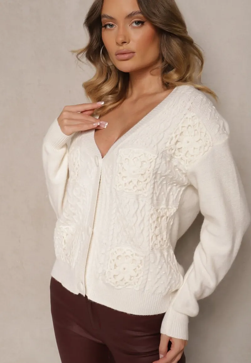 Jasnobeżowy Ażurowy Kardigan na Guziki Nolila