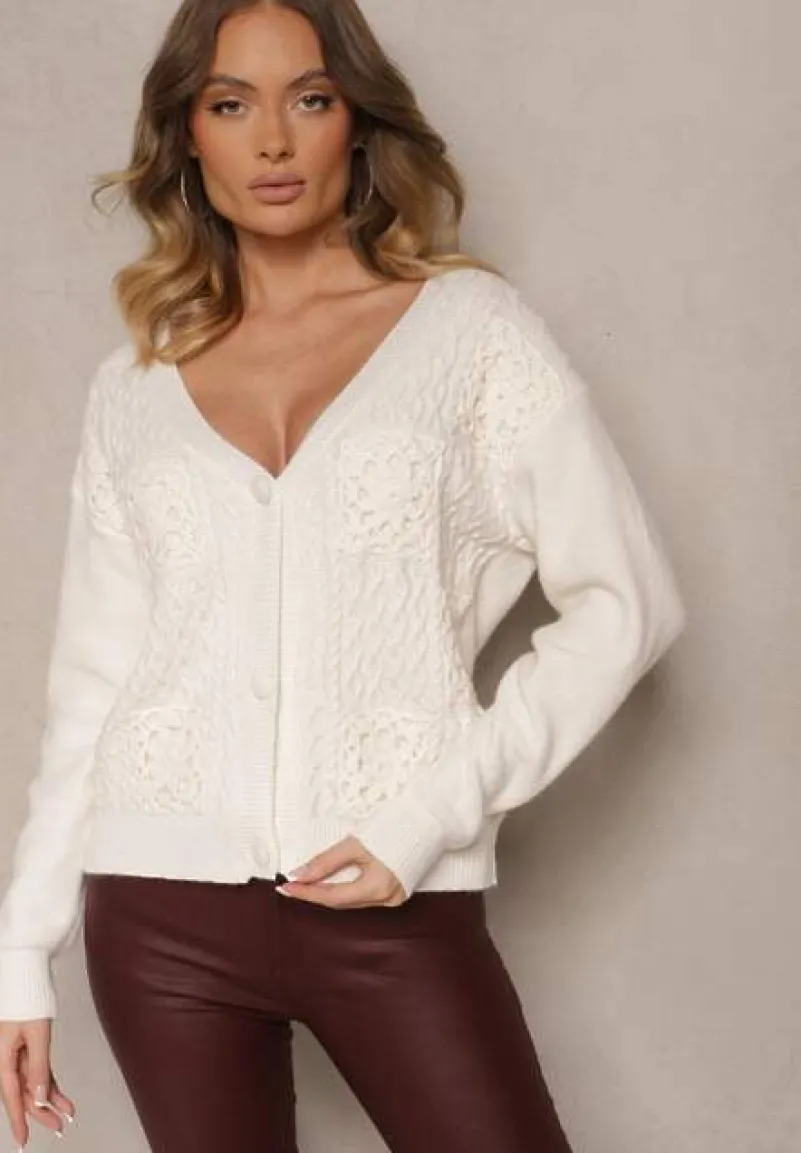 Jasnobeżowy Ażurowy Kardigan na Guziki Nolila