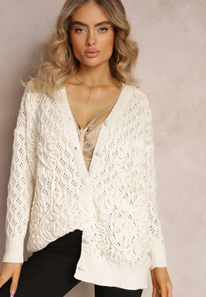 Jasnobeżowy Ażurowy Kardigan na Guziki Oreitha