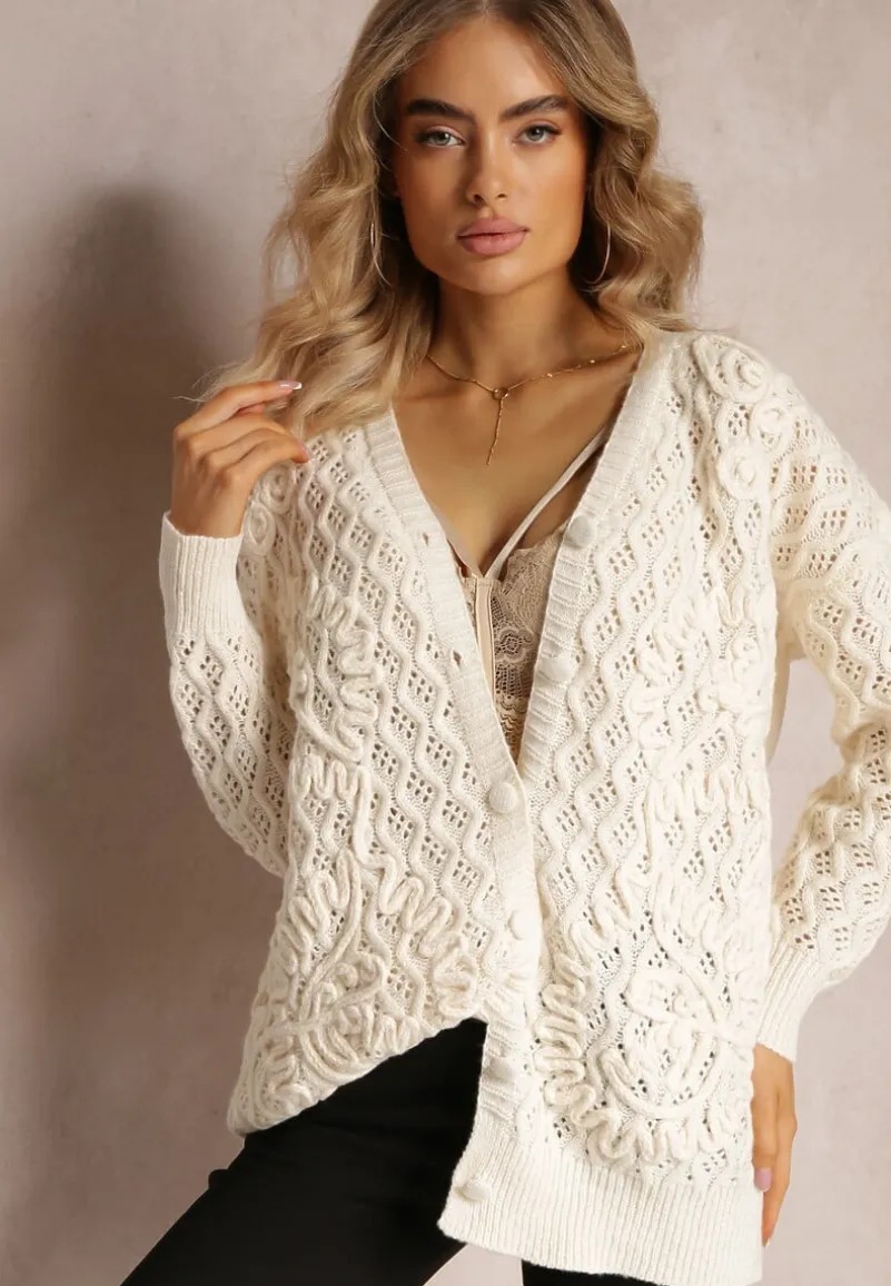 Jasnobeżowy Ażurowy Kardigan na Guziki Oreitha