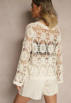 Jasnobeżowy Ażurowy Kardigan z Bawełny na Guziki Evipolla