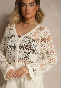 Jasnobeżowy Ażurowy Kardigan z Bawełny na Guziki Evipolla