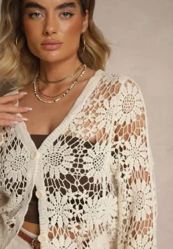 Jasnobeżowy Ażurowy Kardigan z Bawełny na Guziki Evipolla