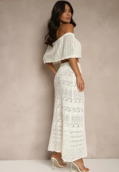 Jasnobeżowy Ażurowy Komplet z Bawełną Spódnica i Top z Hiszpańskim Dekoltem Folanea