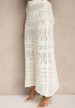 Jasnobeżowy Ażurowy Komplet z Bawełną Spódnica i Top z Hiszpańskim Dekoltem Folanea
