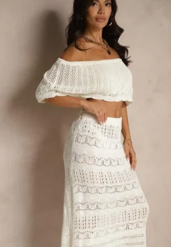 Jasnobeżowy Ażurowy Komplet z Bawełną Spódnica i Top z Hiszpańskim Dekoltem Folanea