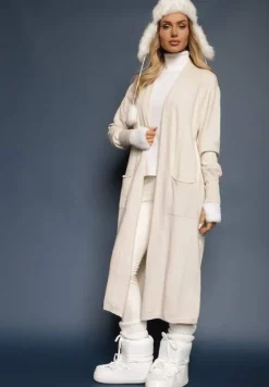 Jasnobeżowy Casualowy Długi Kardigan z Dodatkiem Bawełny i Wiskozy Meralei