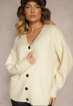 Jasnobeżowy Casualowy Kardigan z Wełną na Guziki Floradi